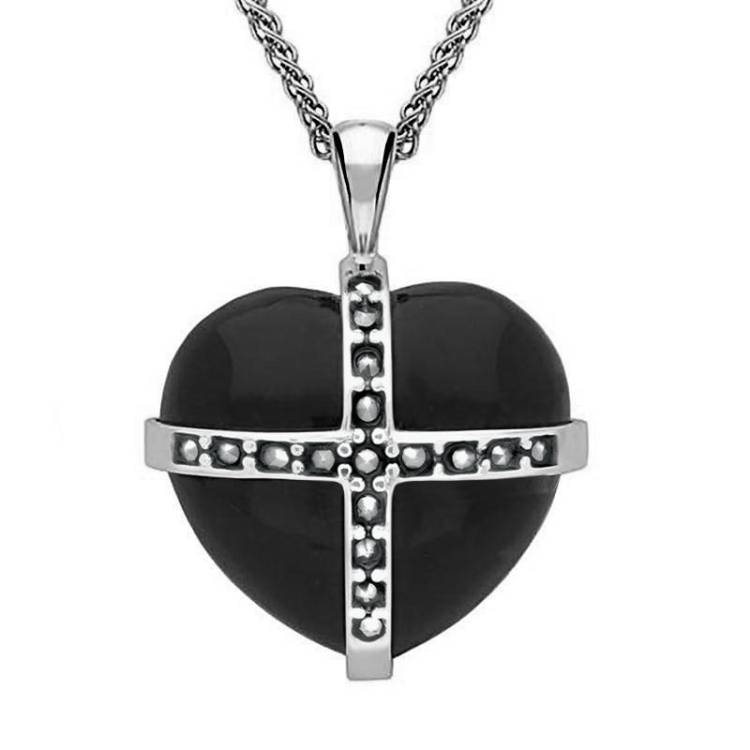 Sterling Silver Whitby Jet Marcasite Large Cross Heart Necklace - Option1 Value Silver