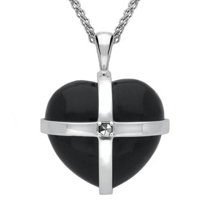 Sterling Silver Whitby Jet Marcasite Large Cross Heart Necklace - Silver