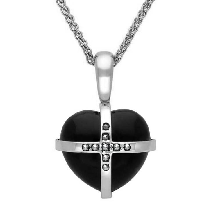 Sterling Silver Whitby Jet Marcasite Small Cross Heart Necklace - Silver