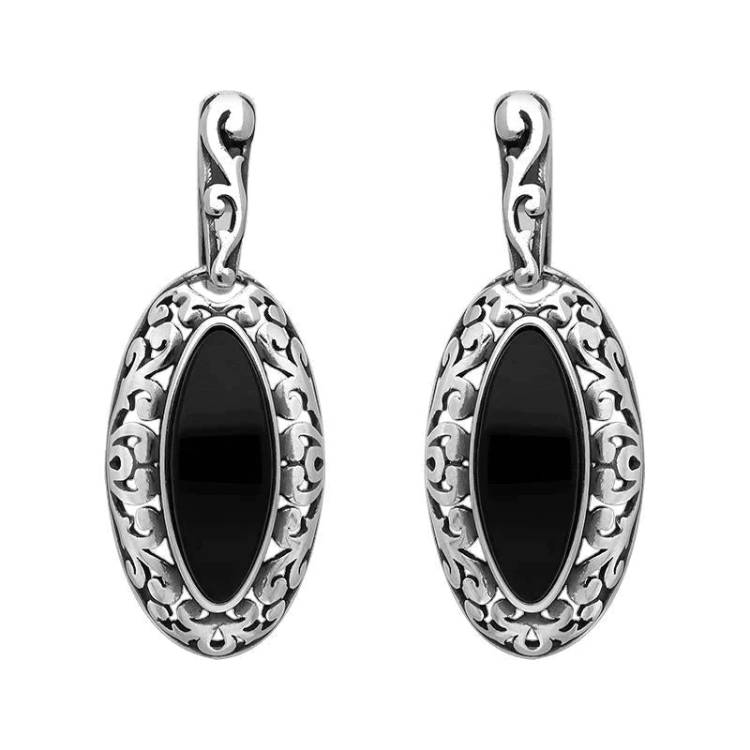 Sterling Silver Whitby Jet Marquise Pierced Frame Earrings