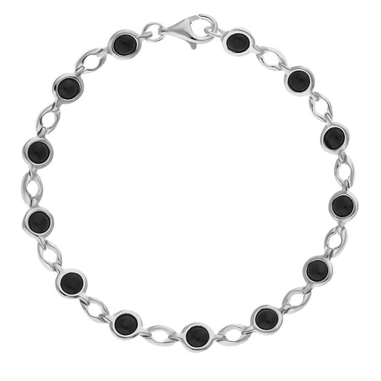 Sterling Silver Whitby Jet Round Stone Link Bracelet - Silver