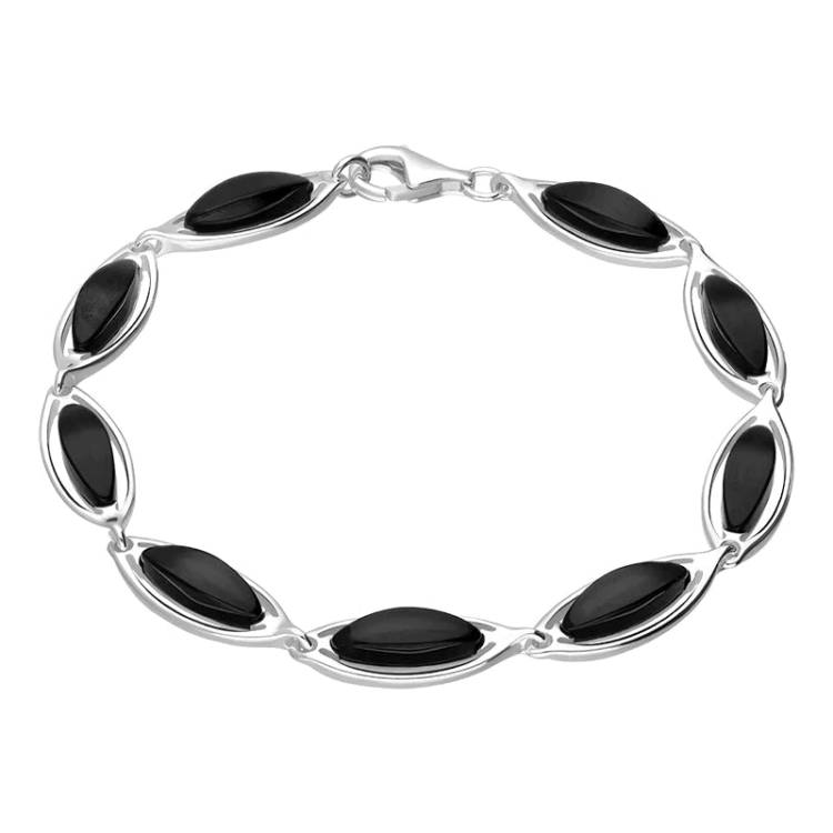 Sterling Silver Whitby Jet Marquise Shaped Nine Stone Bracelet - Silver