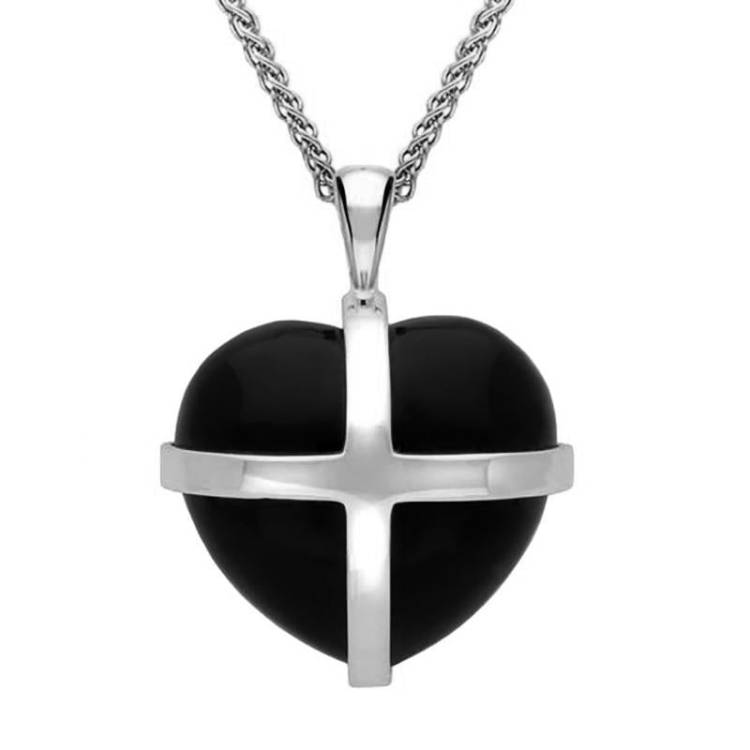 Sterling Silver Whitby Jet Medium Cross Heart Necklace - Silver