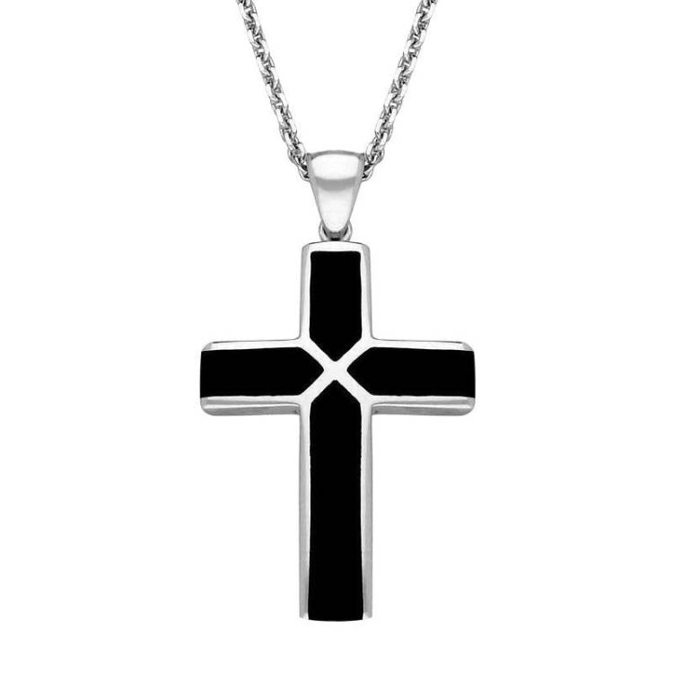 Sterling Silver Whitby Jet Four Stone Cross Necklace - Silver