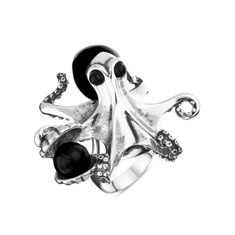 Sterling Silver Whitby Jet Octopus Ring - Silver