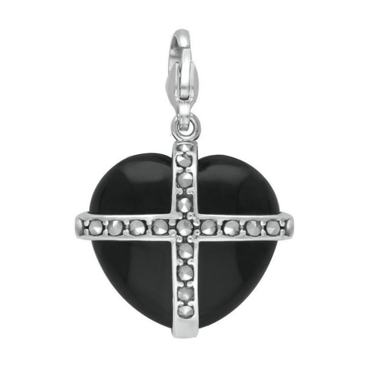 Sterling Silver Whitby Jet Nineteen Marcasite Large Cross Heart Charm - Option1 Value Silver