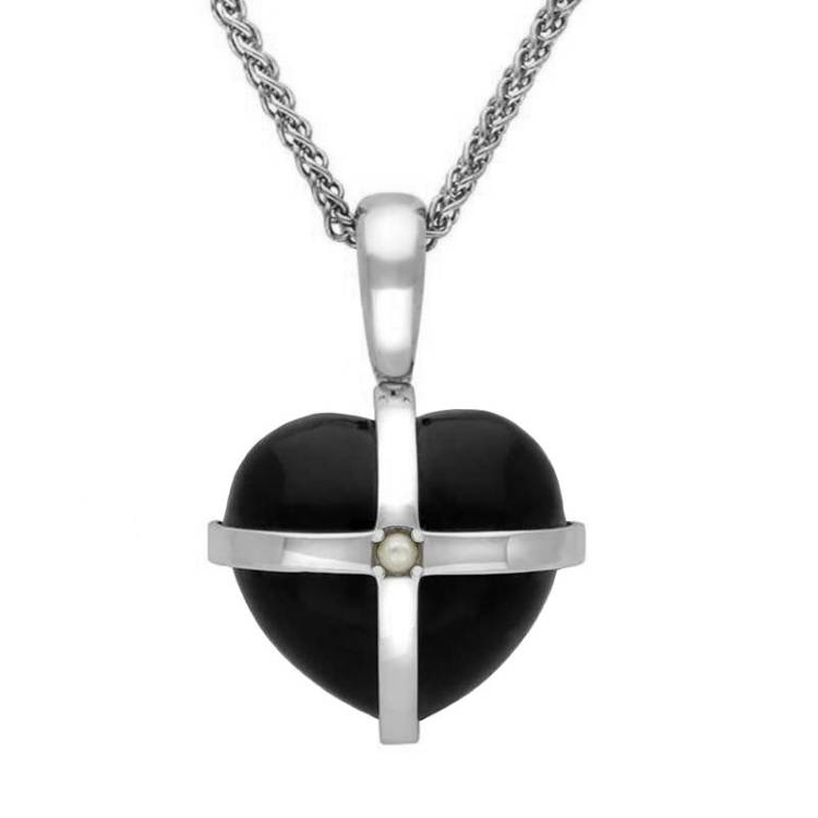 Sterling Silver Whitby Jet One Pearl Medium Cross Heart Necklace - Silver