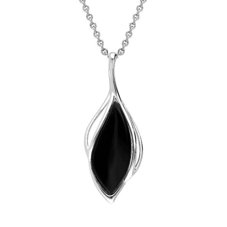 Sterling Silver Whitby Jet Open Marquise Shaped Necklace - Silver