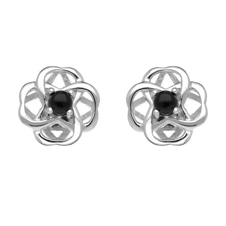 Sterling Silver Whitby Jet Open Round Flower Stud Earrings - Silver