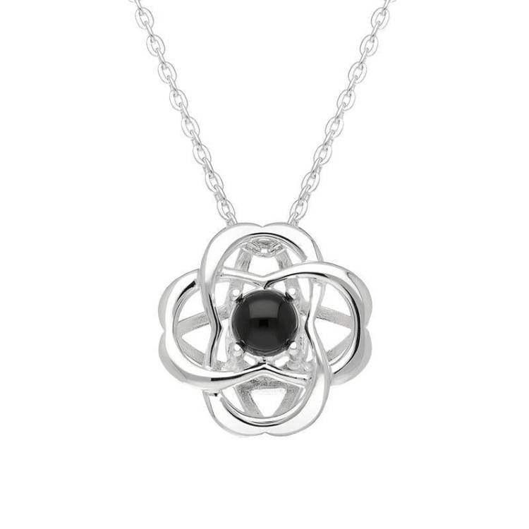 Sterling Silver Whitby Jet Open Round Flower Necklace - Silver