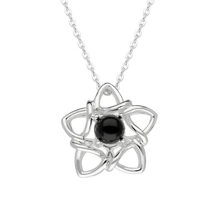 Sterling Silver Whitby Jet Open Star Flower Necklace - Silver