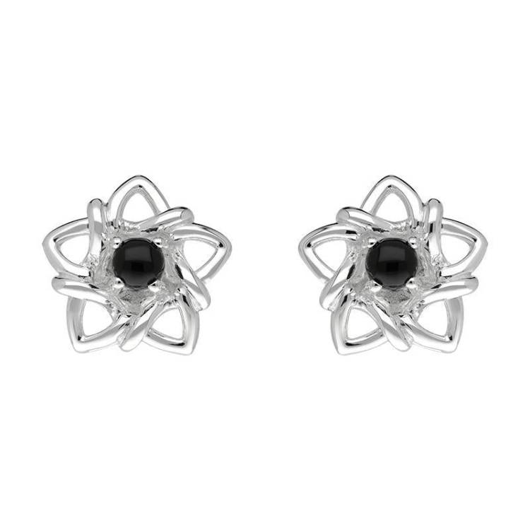 Sterling Silver Whitby Jet Open Star Flower Stud Earrings
