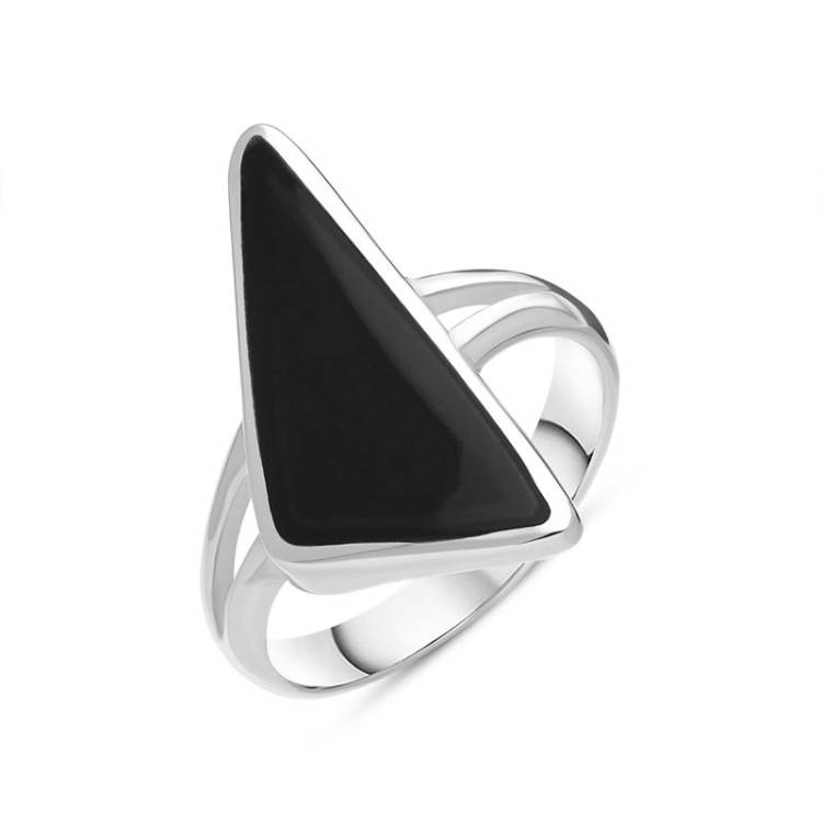 Sterling Silver Whitby Jet Organic Triangle Ring - Silver