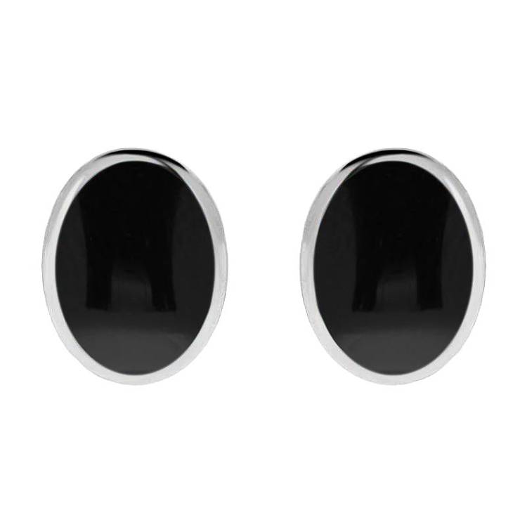 Sterling Silver Whitby Jet Oval Flat Omega Stud Earrings - Silver