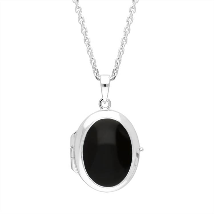 Sterling Silver Whitby Jet Oval Locket Pendant - Silver