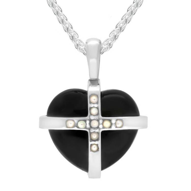 Sterling Silver Whitby Jet Pearl Small Cross Heart Necklace - Gold