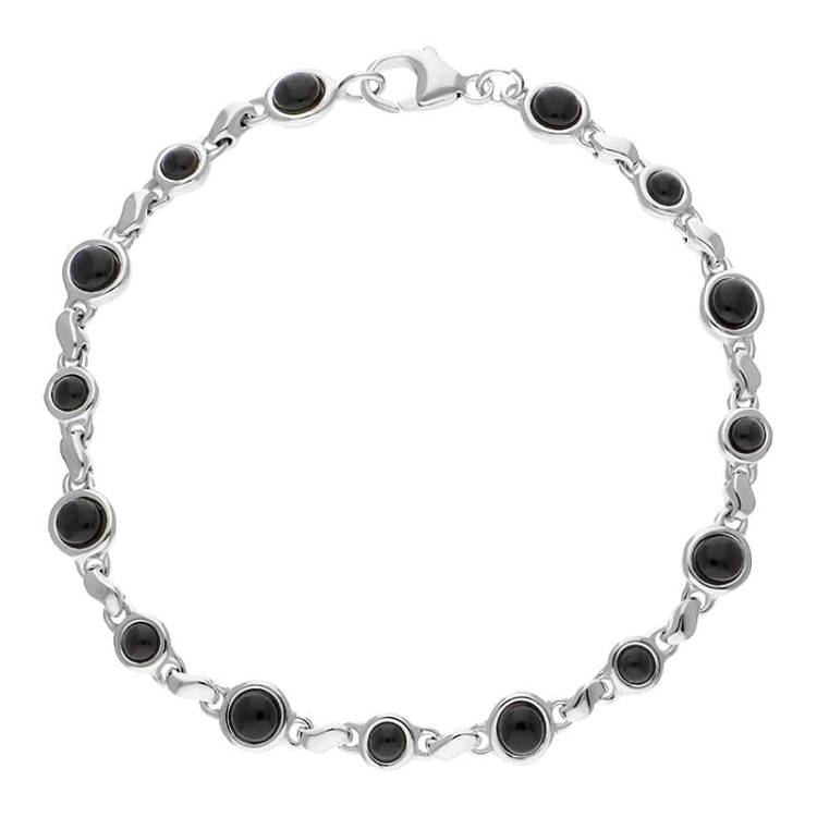 Sterling Silver Whitby Jet Round Bead Link Bracelet - Silver