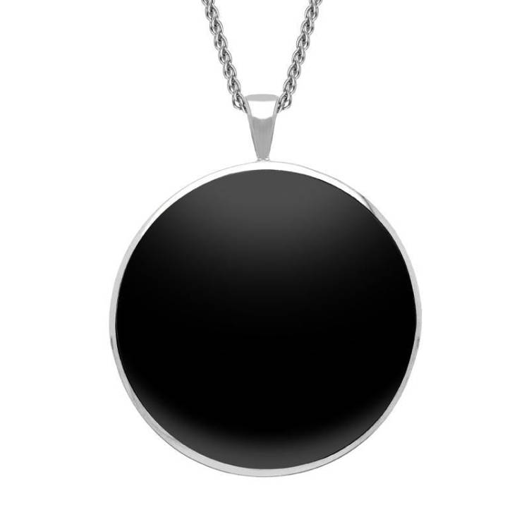 Sterling Silver Whitby Jet Round Classic Large Necklace - Silver