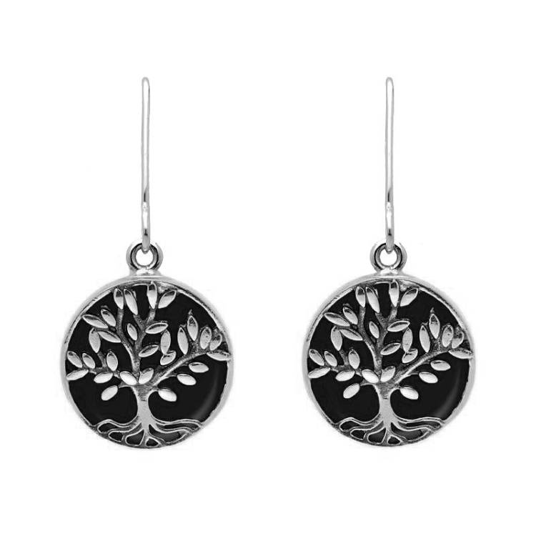 Sterling Silver Whitby Jet Round Large Tree of Life Leaves Drop Earrings