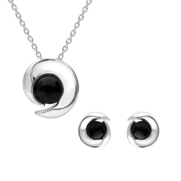 Sterling Silver Whitby Jet Round Spiral Two Piece Set - Silver