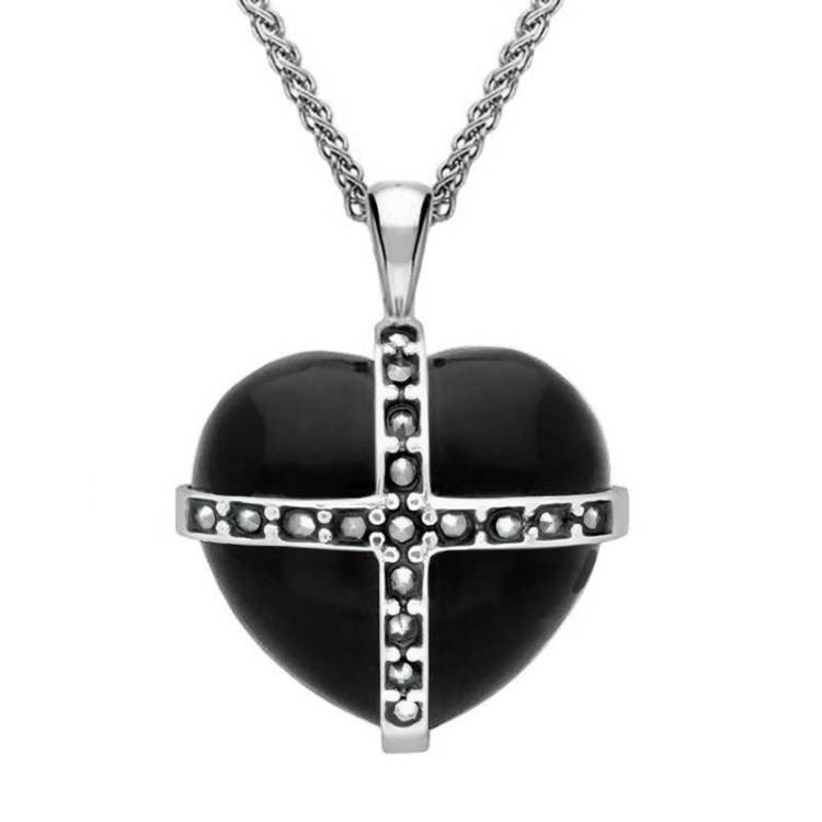 Sterling Silver Whitby Jet Seventeen Marcasite Medium Cross Heart Necklace - Option1 Value Silver