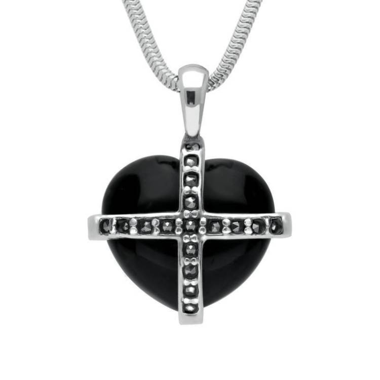 Sterling Silver Whitby Jet Seventeen Marcasite Small Cross Heart Necklace - Silver