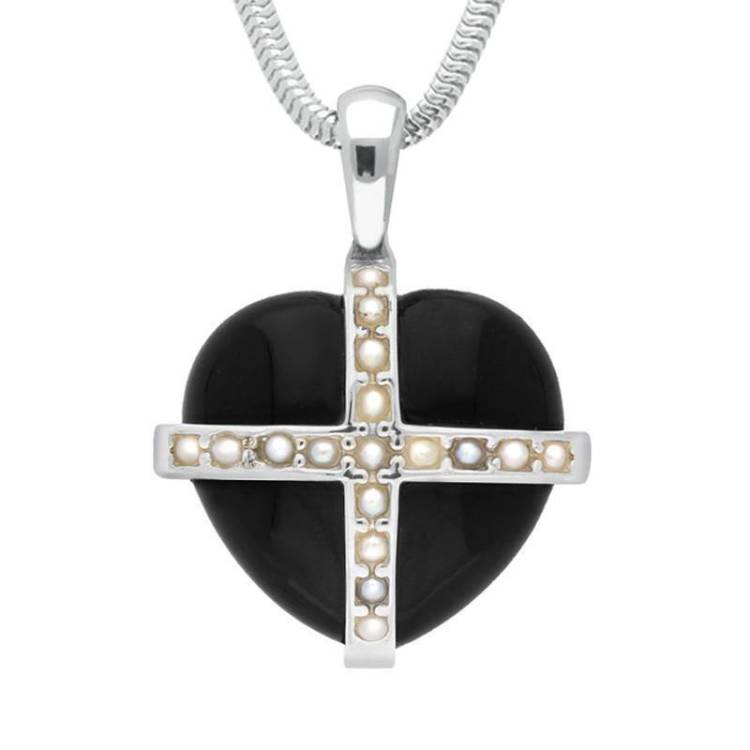 Sterling Silver Whitby Jet Seventeen Pearl Medium Cross Heart Necklace - Option1 Value Silver
