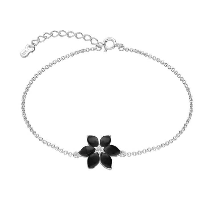 Sterling Silver Whitby Jet Six Stone Petal Flower Bracelet - Silver