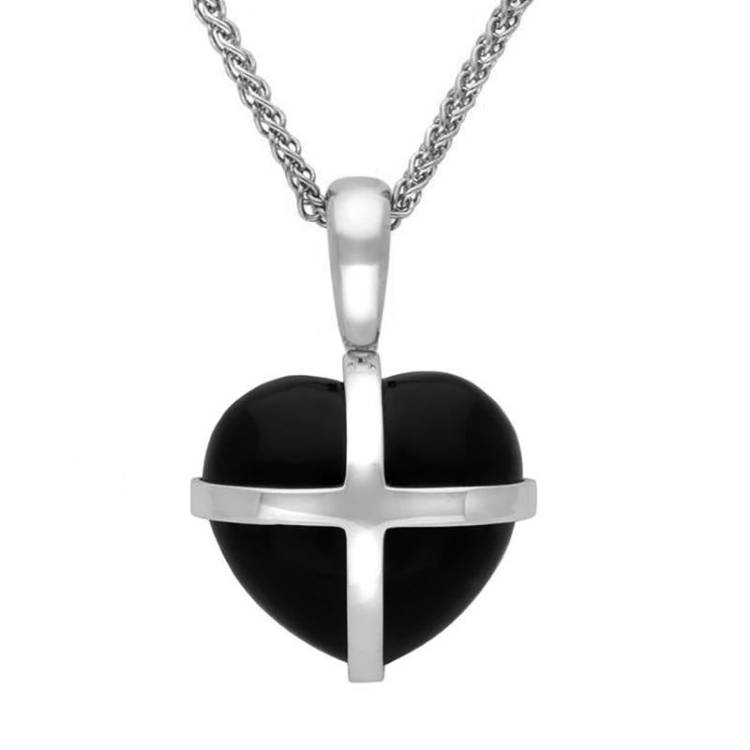 Sterling Silver Whitby Jet Small Cross Heart Necklace - Silver