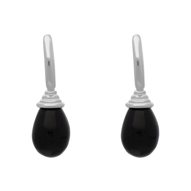 Sterling Silver Whitby Jet Tear Drop Hoop Earrings - Silver