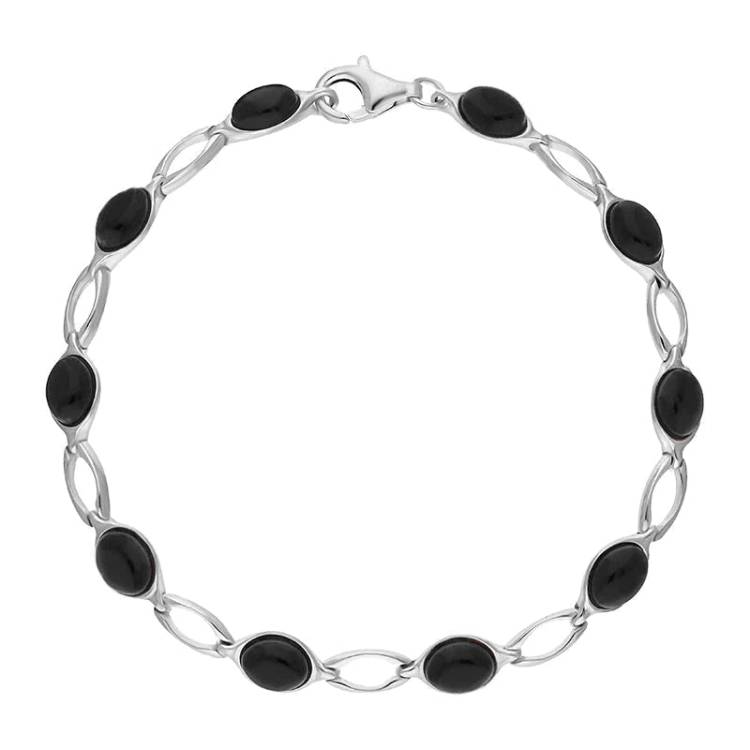 Sterling Silver Whitby Jet Ten Stone Oval Bracelet - Silver