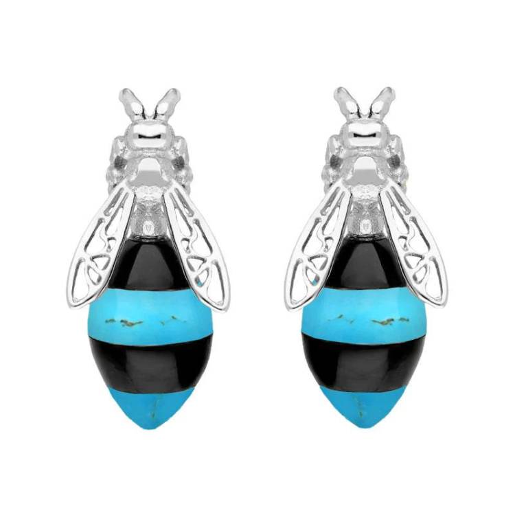 Sterling Silver Whitby Jet Turquoise Bee Stud Earrings
