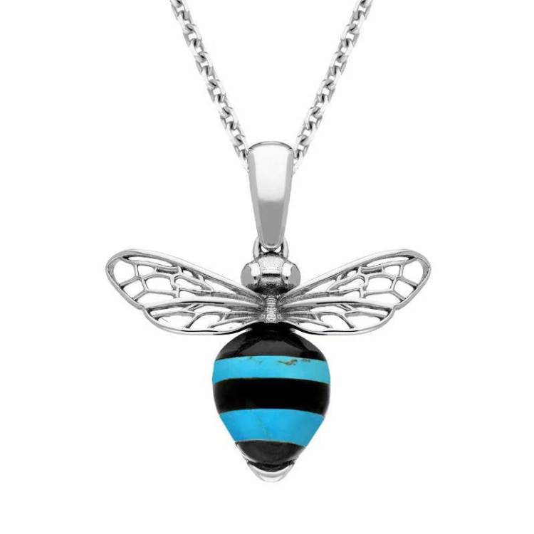 Sterling Silver Whitby Jet Turquoise Winged Bee Necklace - Silver