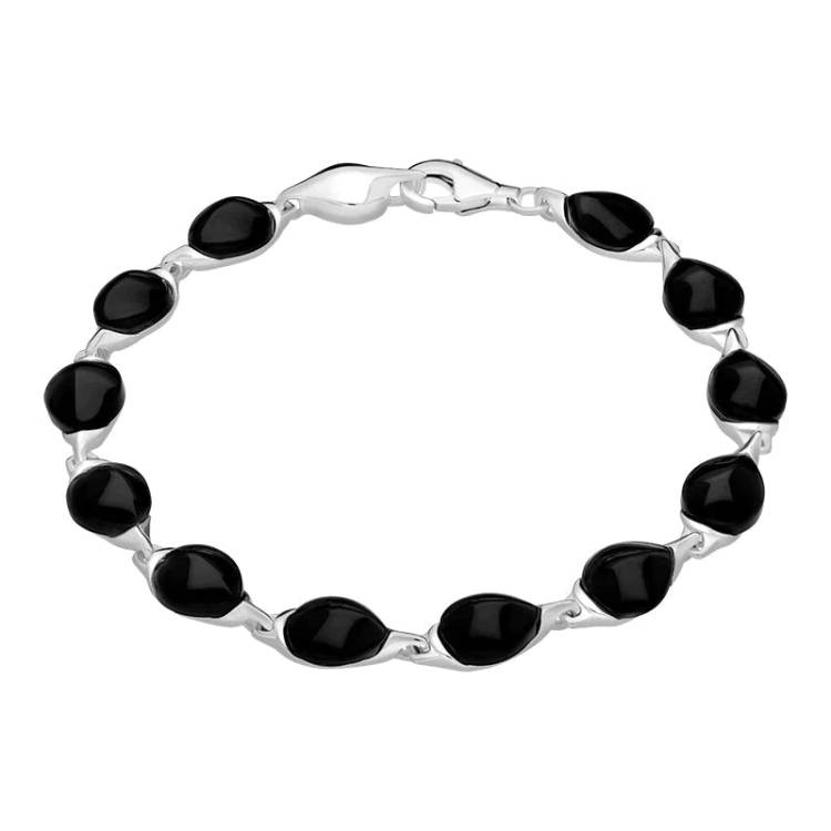 Sterling Silver Whitby Jet Twelve Stone Pear Shaped Bracelet - Silver