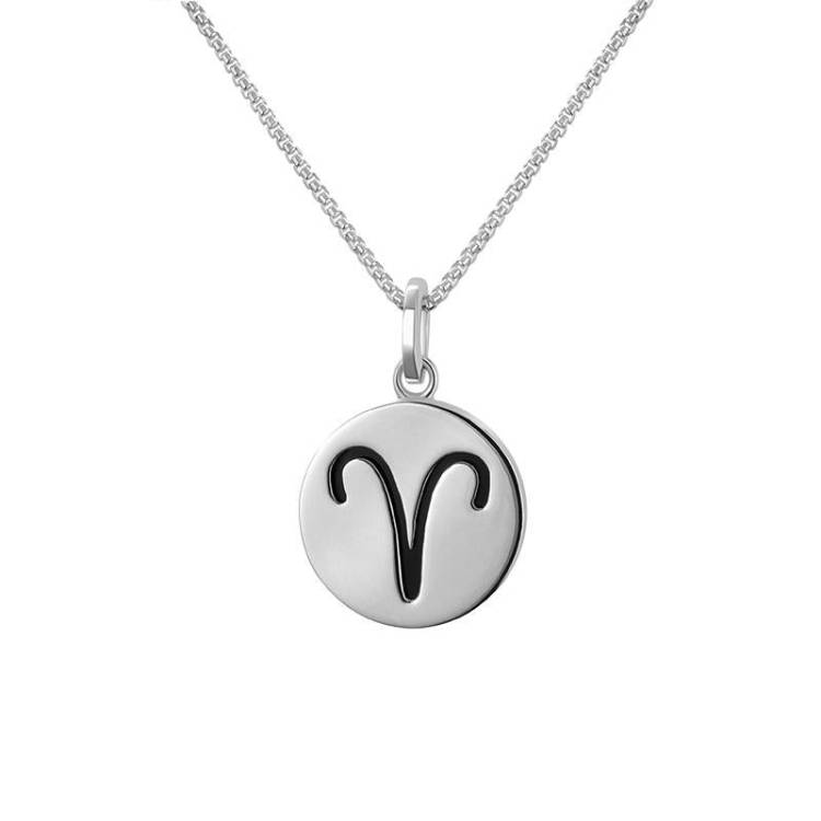Sterling Silver Whitby Jet Zodiac Aries Round Necklace - Silver