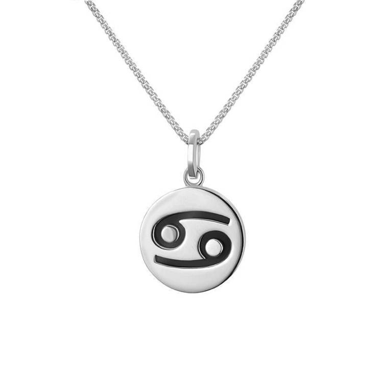 Sterling Silver Whitby Jet Zodiac Cancer Round Necklace - Silver