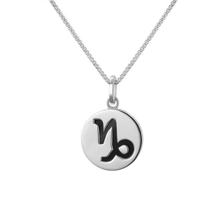Sterling Silver Whitby Jet Zodiac Capricorn Round Necklace - Silver