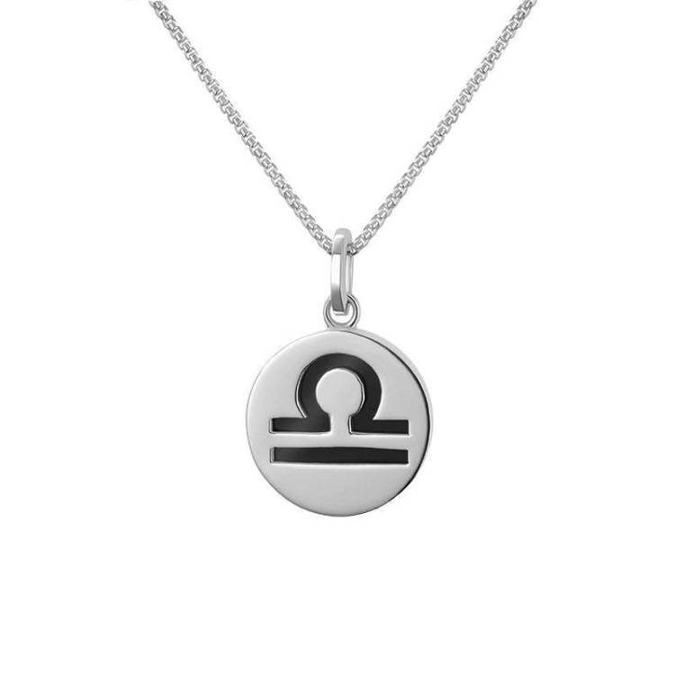 Sterling Silver Whitby Jet Zodiac Libra Round Necklace - Silver