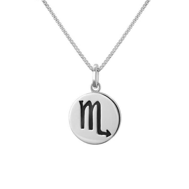 Sterling Silver Whitby Jet Zodiac Scorpio Round Necklace - Silver