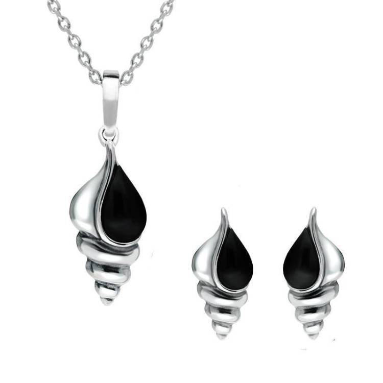 Sterling Silver Whitby Jet Shell Two Piece Set - Silver