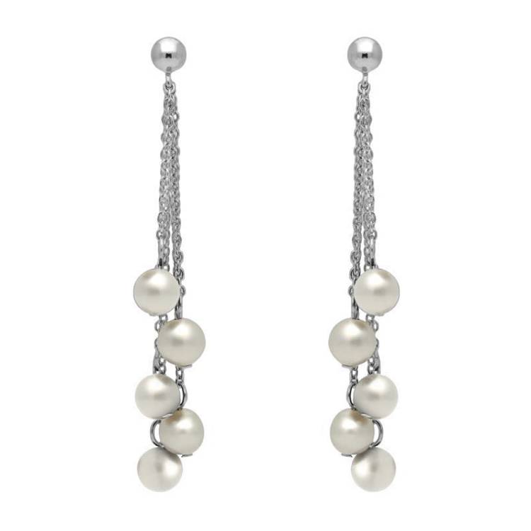 Sterling Silver White Pearl Beaded Tassel Drop Earrings - Silver