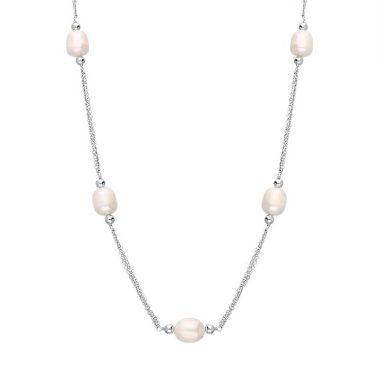 Sterling Silver White Pearl Beaded Triple Strand Necklace - Silver