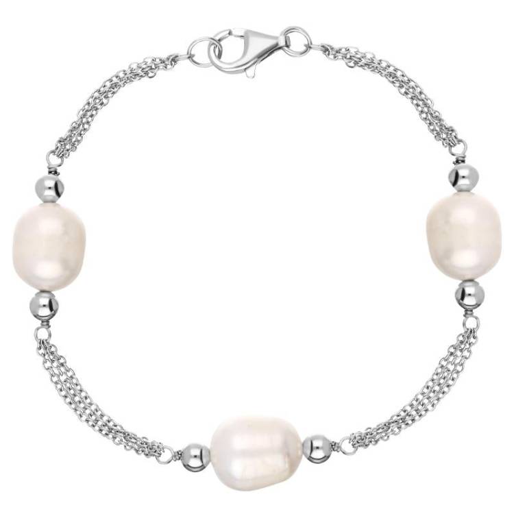 Sterling Silver White Pearl Triple Strand Bracelet D - Silver