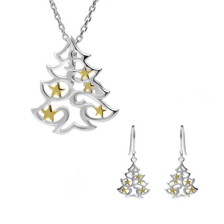 Yellow Gold Plated Sterling Silver Christmas Tree with Stars Two Piece Set