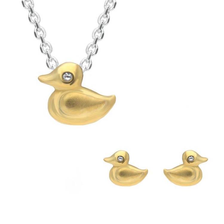 Sterling Silver Yellow Gold Plated Cubic Zirconia Duck Two Piece Set