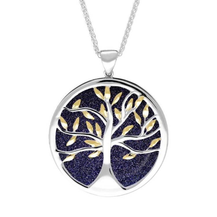 Sterling Silver Yellow Gold Plated Blue Goldstone Large Round Tree of Life Necklace