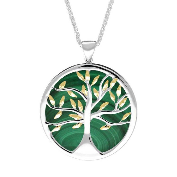 Sterling Silver Yellow Gold Plated Malachite Large Round Tree of Life Necklace