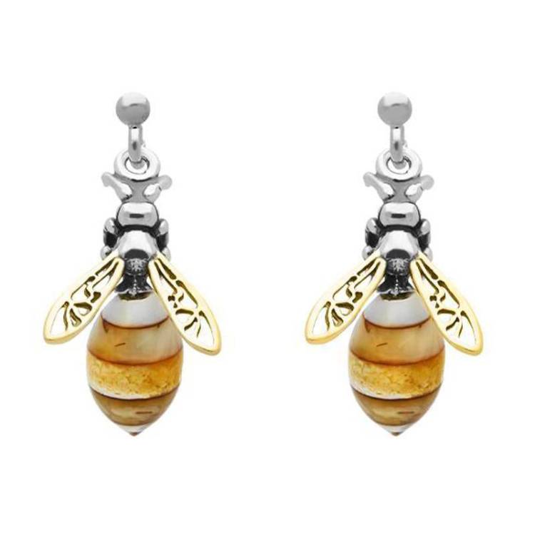 Yellow Gold Plated Sterling Silver Amber Bee Drop Earrings