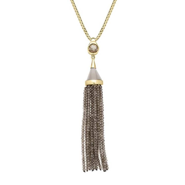 Yellow Gold Plated Sterling Silver Smokey Quartz Round Cascade Tassel Necklace D - Option1 Value