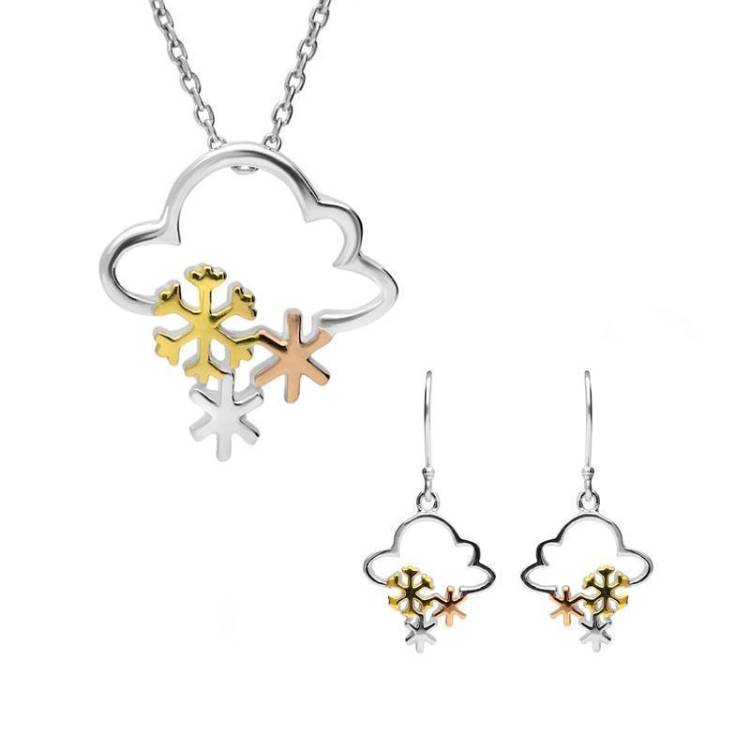 Yellow Rose Gold Plated Sterling Silver Cloud Snowflakes Two Piece Set